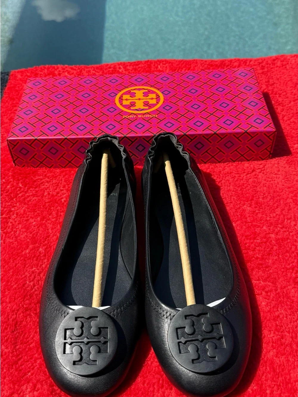 Tory Burch Black Leather Logo Round-Toe Ballet Flats
